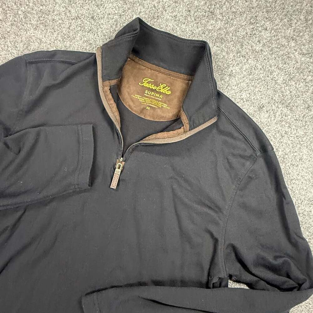 Tasso Elba Men's Black Supima Cotton Faux Suede Trim 1/4 Zip Pullover Sweater M